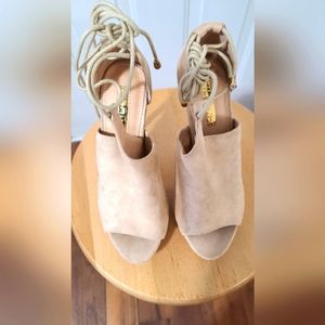 Tan color suede high heels open toe sandals with tie strings